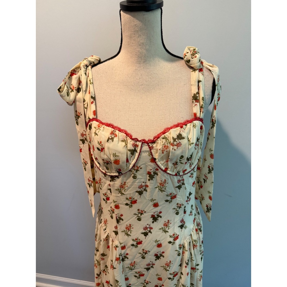 Vici Floral Chiffon Bustier Tie Shoulder Midi Dress Cream Red Rose size Large - Picture 6 of 10
